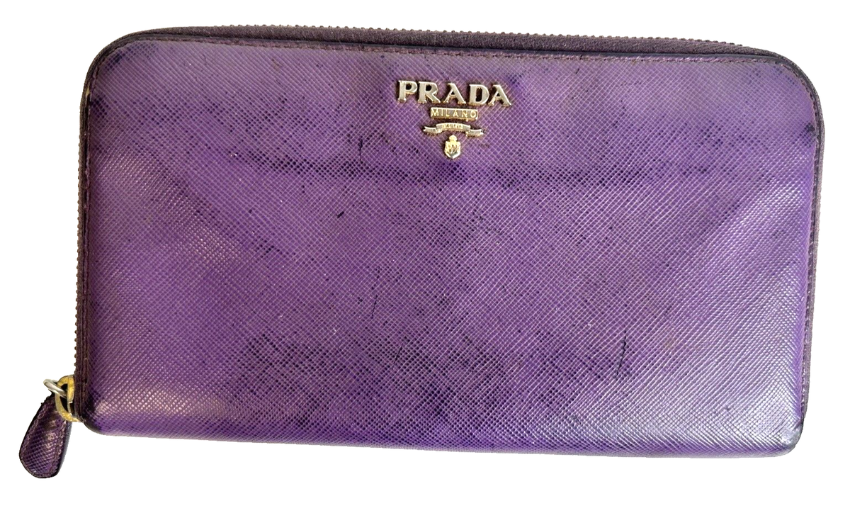 Prada Designer Saffiano Zip Around Purple Grain Leather & Wax