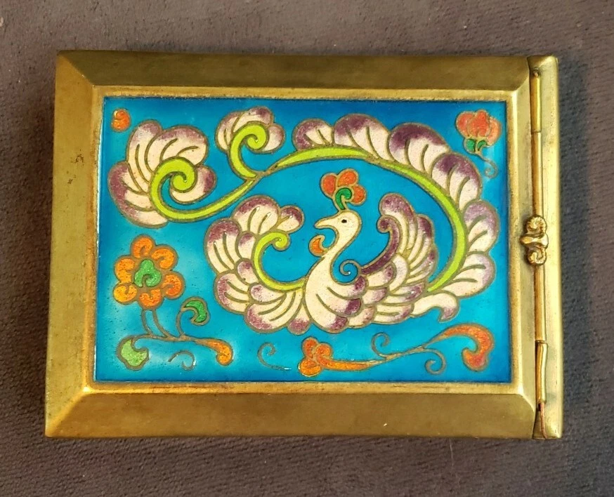 CAIXA ESPELHADA CLOISONNE PAVÃO ESMALTE AZUL PAVÃO CAIXA DE BUGIGANGAS LATÃO VINTAGE - Imagem 4 de 4