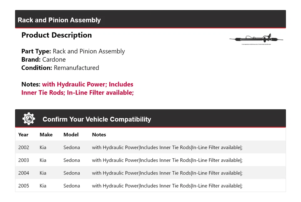 Conjunto de piñón y cremallera Cardone 2003 2004 para Kia Sedona 2002-2005 Foto 2 de 4