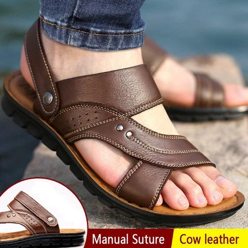 Hombres Sandalias de Cuero Genuino Verano Informales Deportes Playa Zapatos Suaves Hogar Zapatillas - Imagen 3 de 15