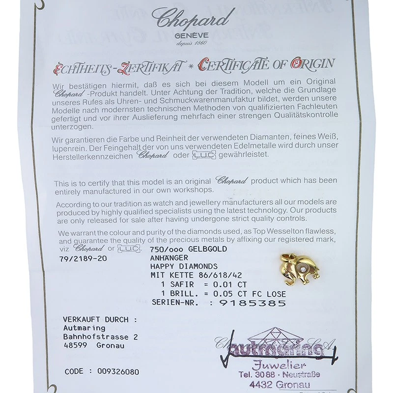 Chopard Anhänger HAPPY DIAMONDS Elefant Brillant Saphir 750er Gelbgold  Zerti... - Bild 3 von 3