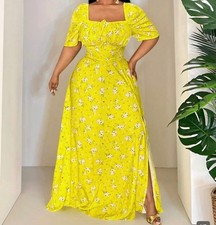 Plus size casual yellow front tie , waist snatched spring/summer Dress.
