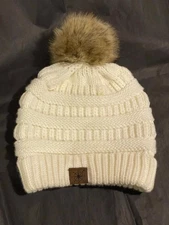 C.C. Exclusives Faux Fur Pom Beanie Soft Stretch Cable Knit White