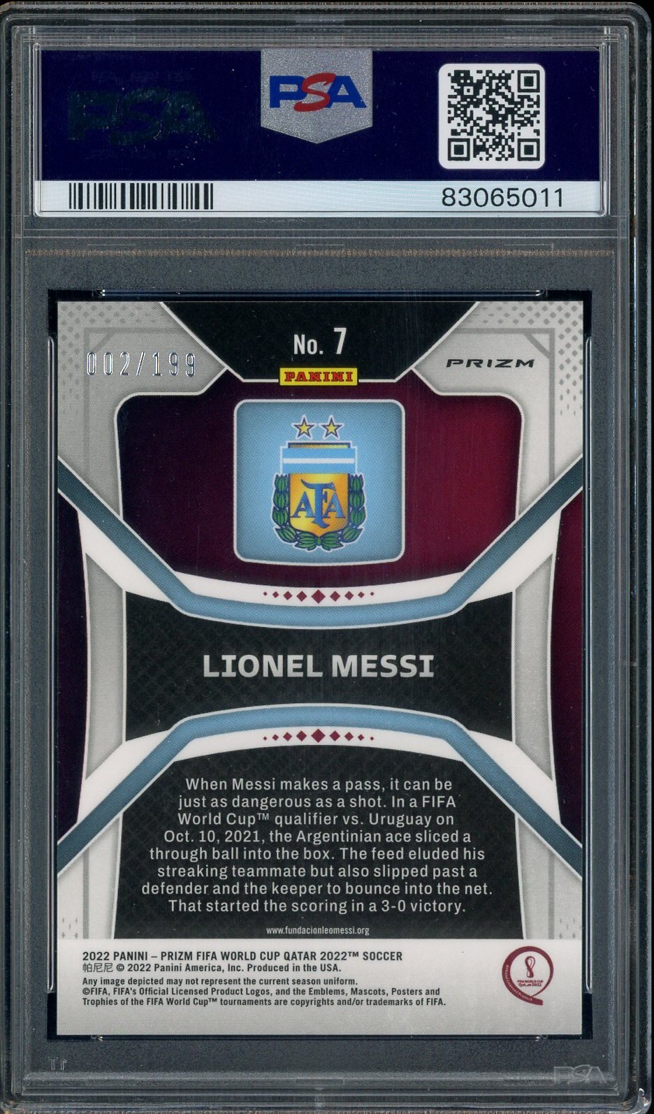 2022 Panini Blue Wave Prizm World Cup Soccer #7 Lionel Messi 2/199 PSA 9 MINT view 2