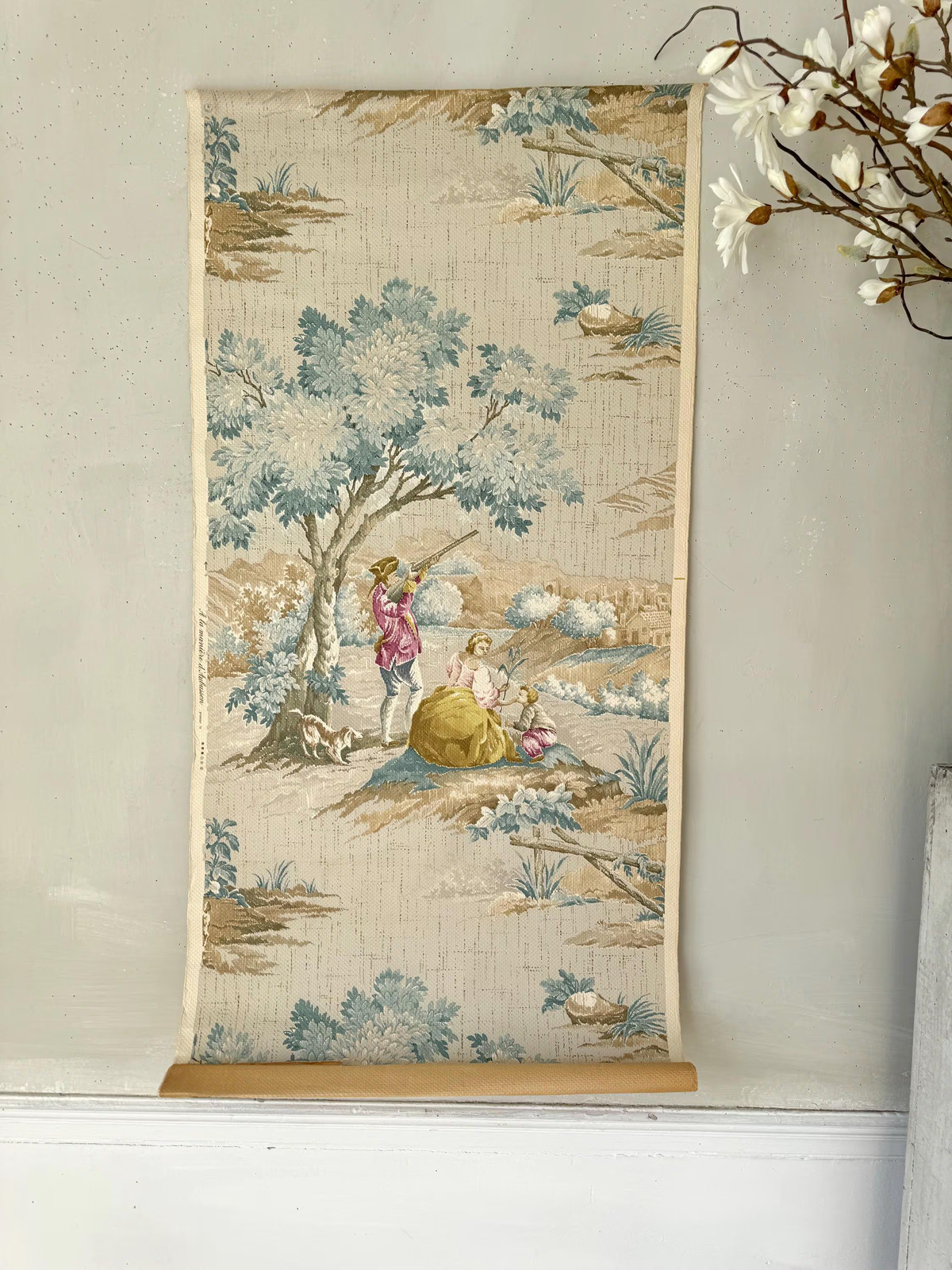 50 inch Vintage French wallpaper Aubusson style pastoral scene swing toile pink