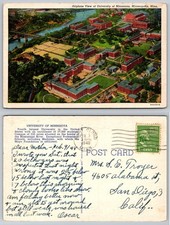1948 University of Minnesota Minneapolis MN Aerial View Linen Postcard