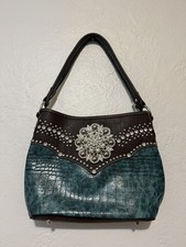 American Bling Boho Western Shoulder Bag Teal Tooled Croc Crystal Purse Cowgirl