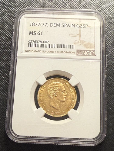 Spain 1877 (77) Gold 25 Pesetas NGC MS61 Alfonso XII