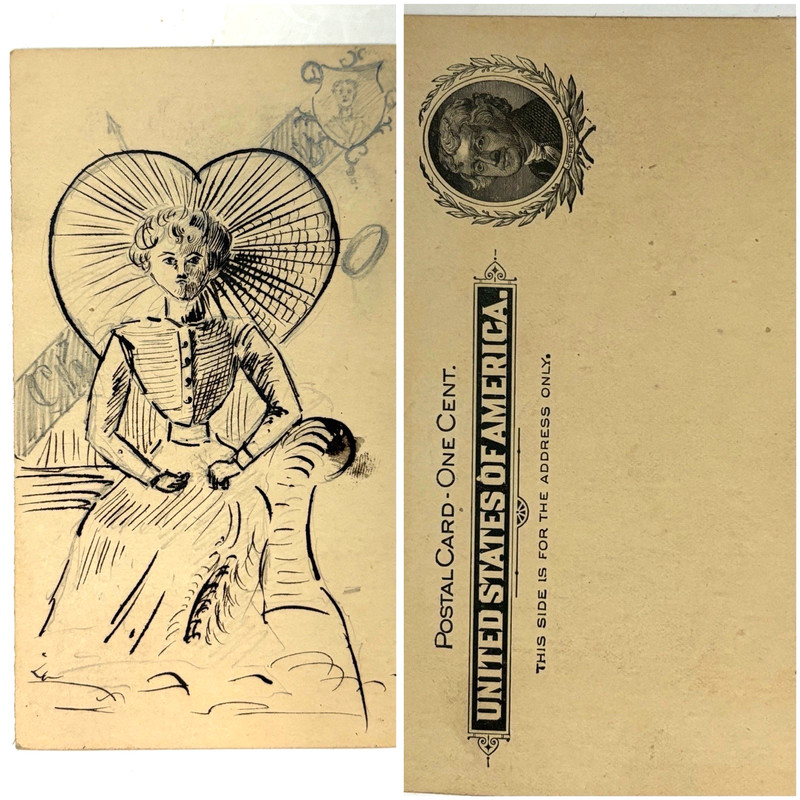 Unique Antique Sketch on back of Postal Card Unposted 1c Jefferson Doodle