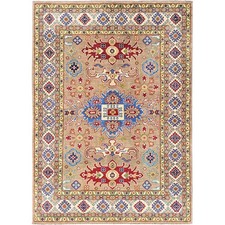 5'x6'9" Tawny Brown Kazak with Tribal Design Hand Knotted Wool Oriental Rug R329