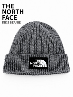 The North Face Kids Gray Rib Knit Beanie One Size TNF Box Logo Winter Hat Unisex