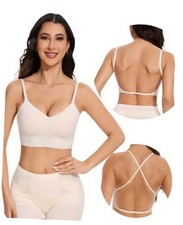 Low Back Bra - Backless Bra, V Neck Bralette for Women Wireless Large Nude 0808