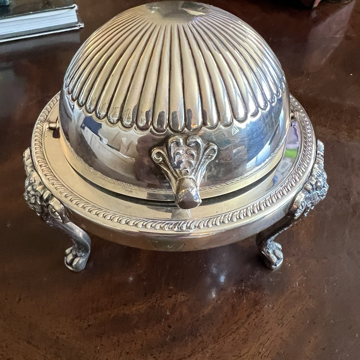 Vintage Silver Plate Roll Top Lid Caviar Butter Dish Server Lion
