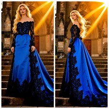 Retro Off Shoulder A-line Wedding Dress Long Sleeved Gothic Satin Bridal Gown