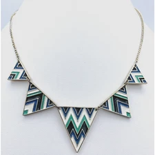 Zad Chevron Design Triangle Necklace Enamel Gold Tone Blue White Green