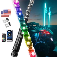 KEMIMOTO Two 4FT Bluetooth Whip Lights Spiral Antenna w/Flag App Control UTV ATV