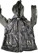 J2 By Jou Jou Junior M Faux Leather Mock Layered Full Zip Jacket Removable Hood