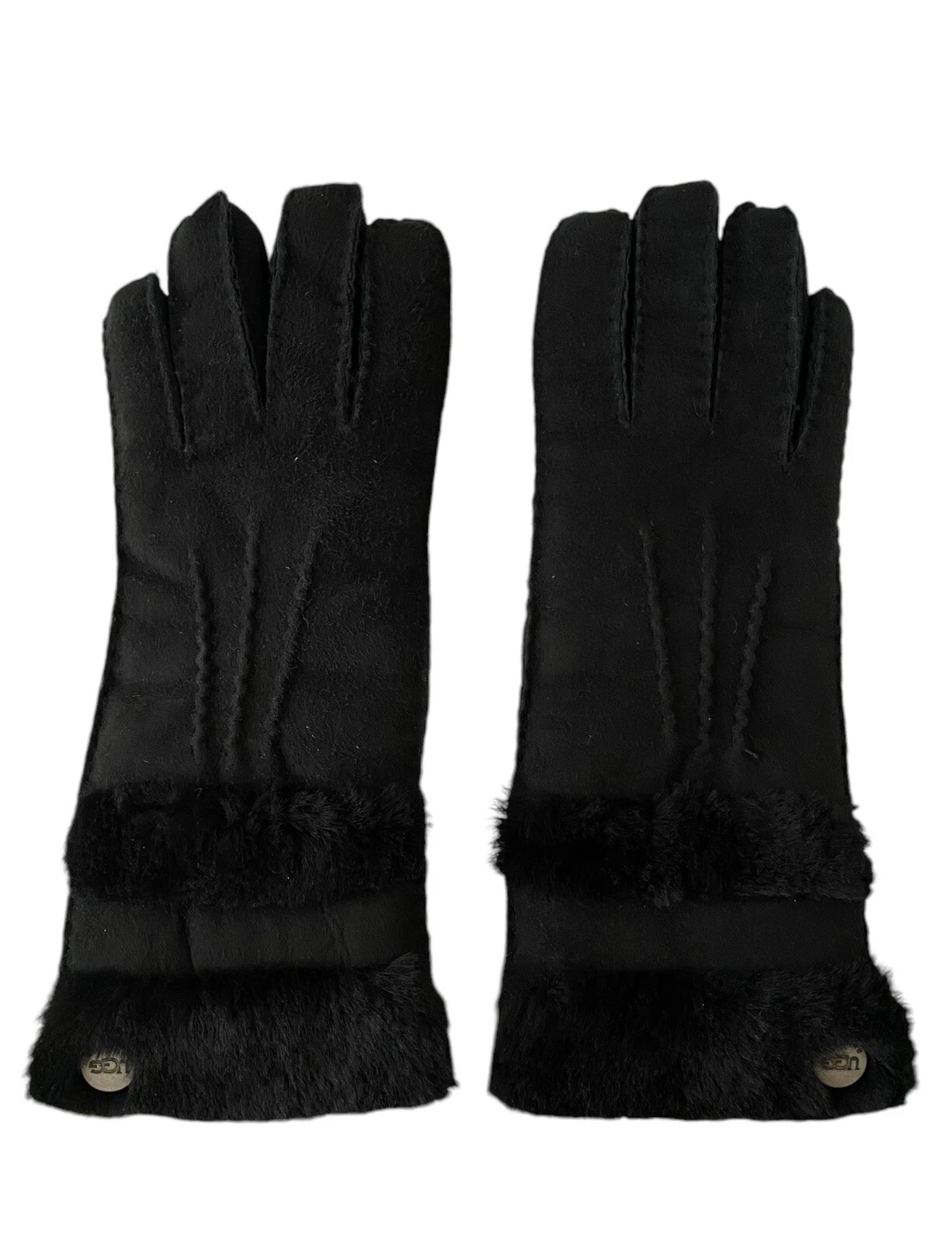 Womens Small S UGG Sheepskin Fully Lined Shearling Winter Gloves Black Suede