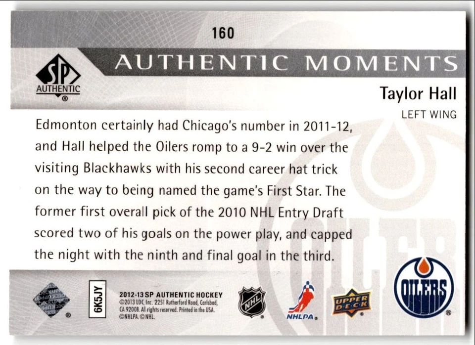 2012-13 SP Authentic Moments Taylor Hall #160 Edmonton Oilers - Image 2 of 2