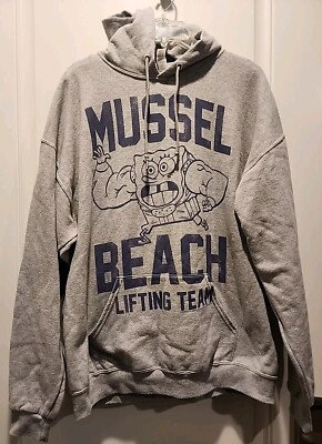 SpongeBob SquarePants Sweatshirt Hoodie Xlarge Gray Graphic Mussle Beach Muscle 