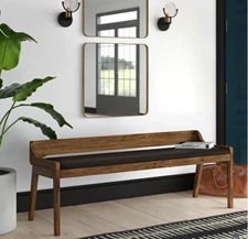 Elegant Solid Wood Low Profile Back Faux Leather Padded Dining Bench Entryway