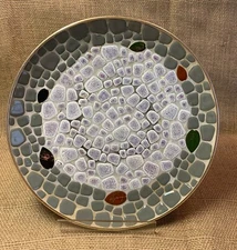 Mid Century 12" Round Mosaic Tray/ Plate Gray Lavender White and Leaf Tiles