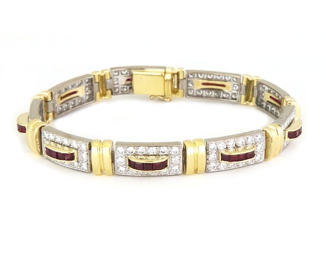 Diamond Ruby Bracelet 18k Gold Rectangle Bar Sect… - image 1