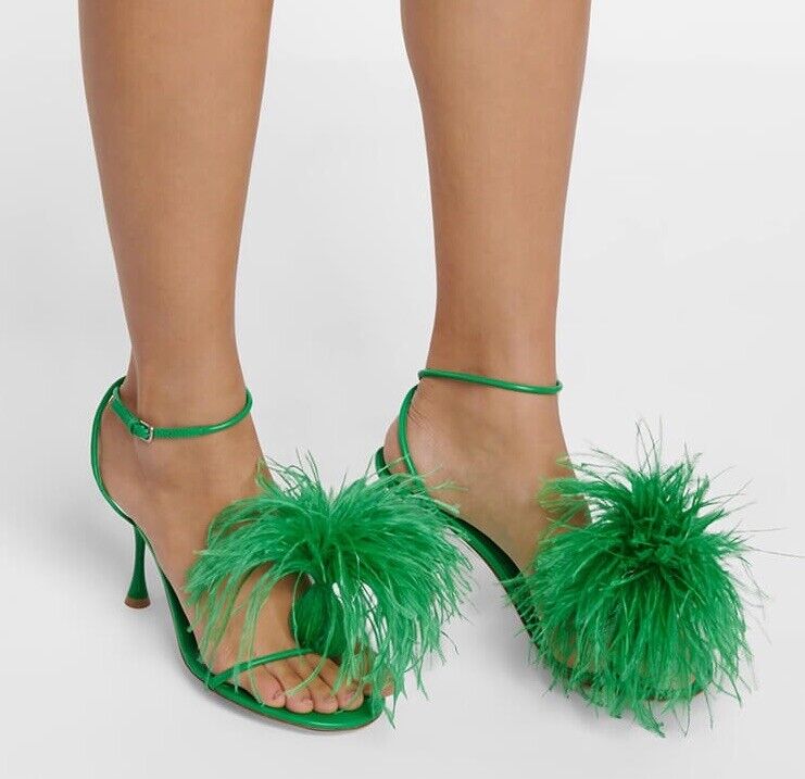 サンダル・ミュール BOTTEGA VENETA FW25 Sandals (778164 V3RS02624) NEW BOTTEGA VENETA Dot Green Feather Trimmed Leather Sandals