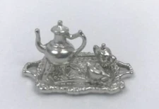 Dollhouse Silver Metal Tea Coffee Set 4 Piece Pot Sugar Creamer Tray Miniature