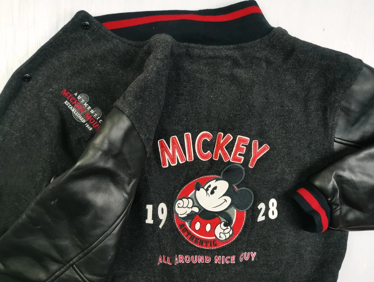 HOT VTG Men DISNEY MICKEY MOUSE EMBROIDERED VARSITY BLACK WOOL LEATHER JACKET S
