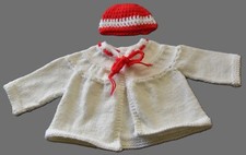 Vintage handmade crochet baby outfit. Sweater and hat 18" Baby doll. Red  White