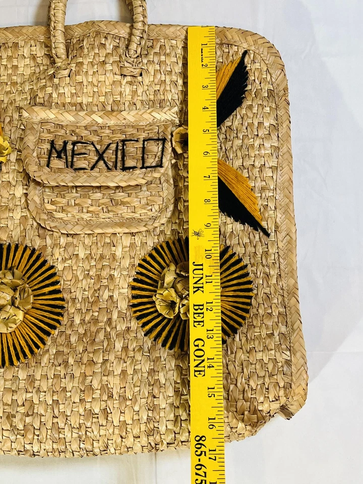 Bolso de Mano Tejido a Mano Paja Grande México Decorativo Vintage Arte Popular Floral Foto 4 de 4