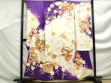 Japanese Kimono Long-Sleeved Embroidery Flying Crane Spinning Wheel Pure Silk