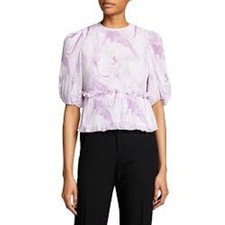 GANNI Pleated Marble Print Ruffle Hem Top 3/4 Sleeve Purple White Women