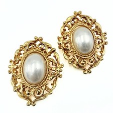 Vintage Classic Ornate Cut Out Gold Plate Faux Pearl Cab Shoe Clips