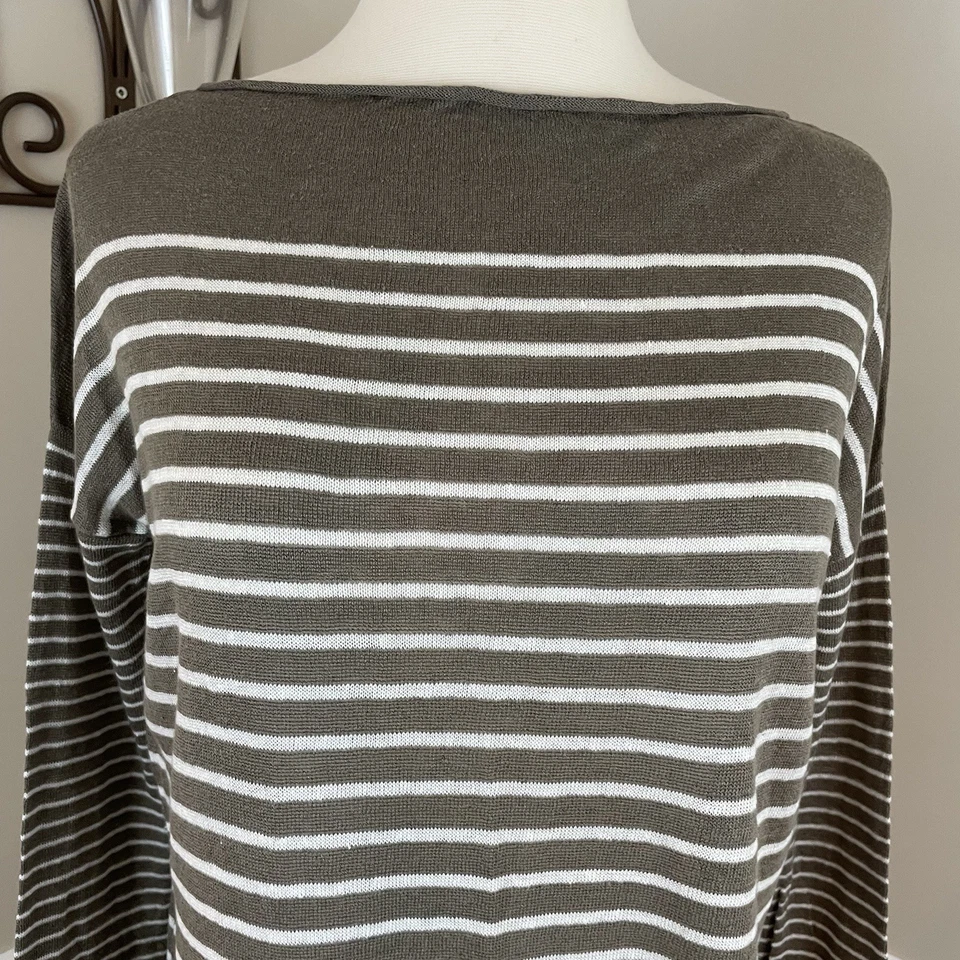 Suéter Pullover VINCE Lino Manga Larga Ligero Tejido Rayas Blanco Taupe XS Foto 2 de 4