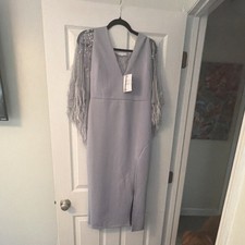 ASOS Women's Purple Sheath V-Neck Beaded Mesh Side Slit Midi Dress Size 10