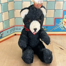 Vintage Black and White Teddy Bear w Party Hat, Fully Jointed, 8"