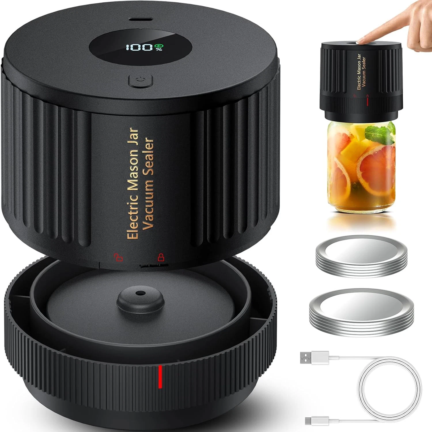 Electric Mason Jar Vacuum Sealer Kit for Wide Mouth and Regular Black