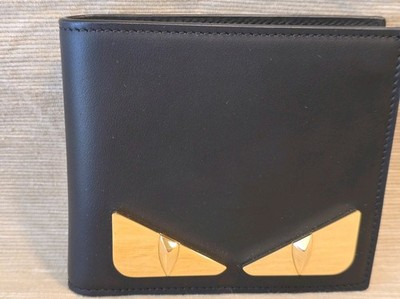 Fendi Black Gold Metal Bugs Monster Men's Bifold Leather Wallet Used.  EUC