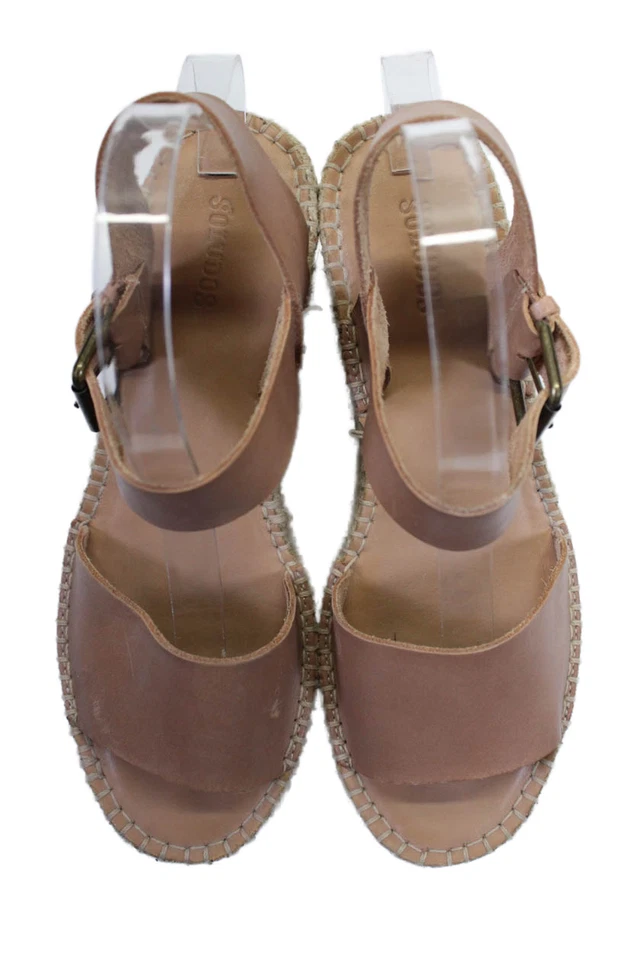 Soludos 女式皮革纹理稻草露趾楔形高跟鞋裸色 8.5 码 — 第 2/4 张图片