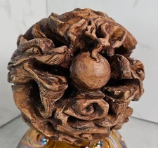 Asian Chinese Boxwood Sea Dragon Sphere Orb with Sacred Pearl of Wisdom