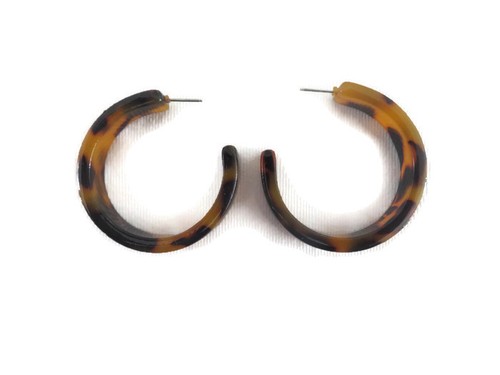 Women's Medium Resin Tortoise Shell Thick Round Circle Hoop Drop Earrings - Picture 2 of 4