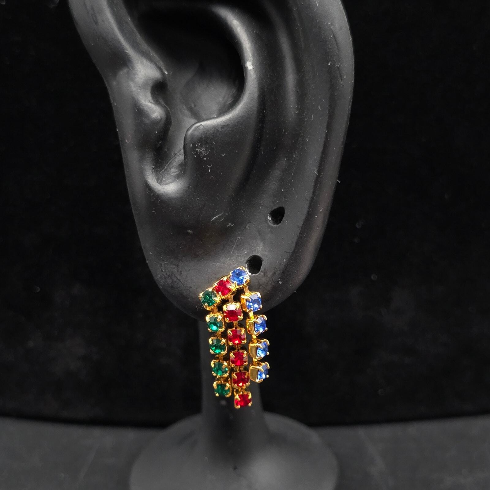 Multicolor Rhinestone Earrings Dangle Drop Pierce… - image 8