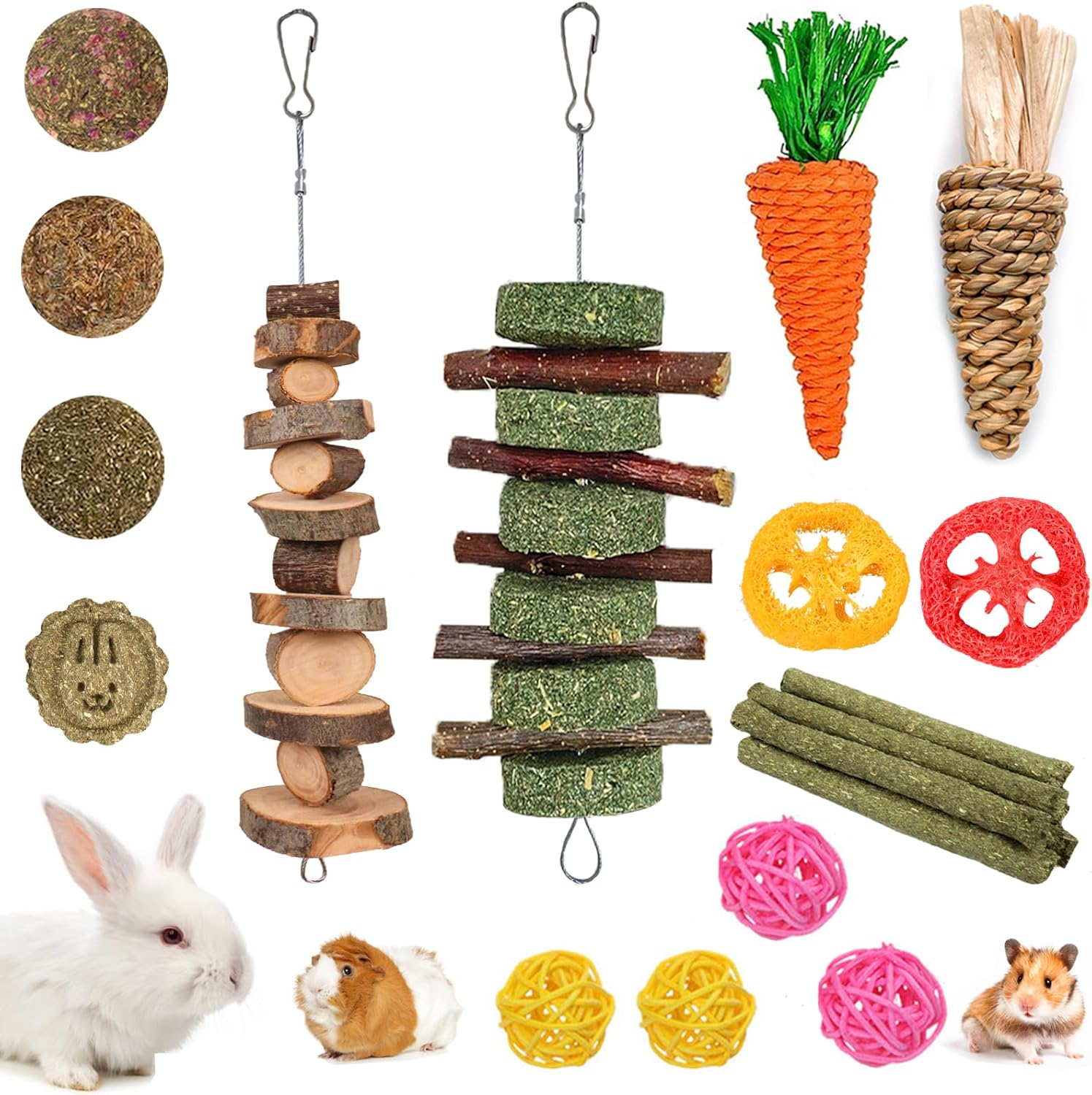 20 PCS Bunny Chew Toys for Teeth, Natural Rabbit Toys Apple Wood Grass Timothy S