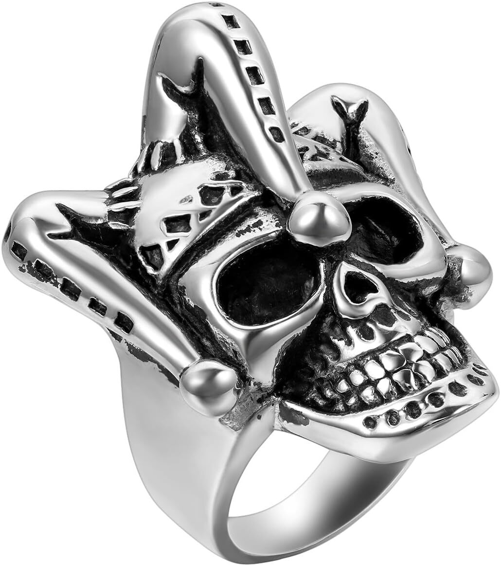 Men's Punk Stainless Steel Silver Black Gothic Joker Clown Band Ring Biker Rings