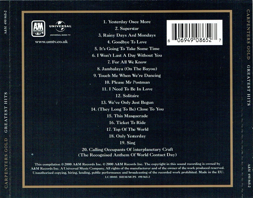 (CD) The Carpenters - Gold - Greatest Hits - Yesterday Once More, Only Yesterday - Bild 2 von 2