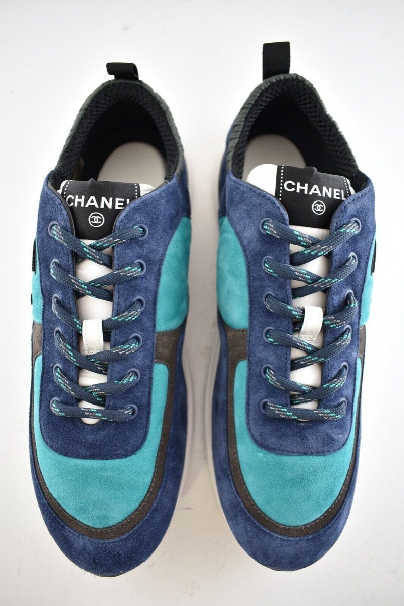 CHANEL MENS Chanel 21K Mens Green Blue Grey White CC Logo Lace Low Top Trainer