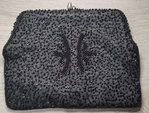 Clutch Purse Sharonee Black Beaded Evening Kissing Claps Clousure Vintage Japan - Picture 2 of 6