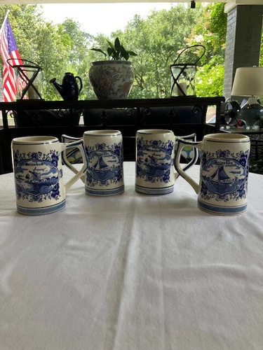 Delfts Blue Holland - Four Vintage Hand Painted Blue & White Heineken Beer Mugs